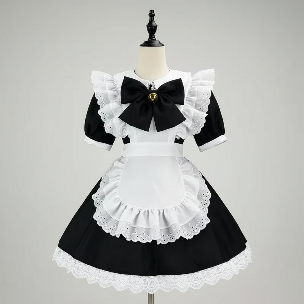 Women's Halloween French Maid Costume Dress with Apron and Puff Sleeves for Plus Size Party