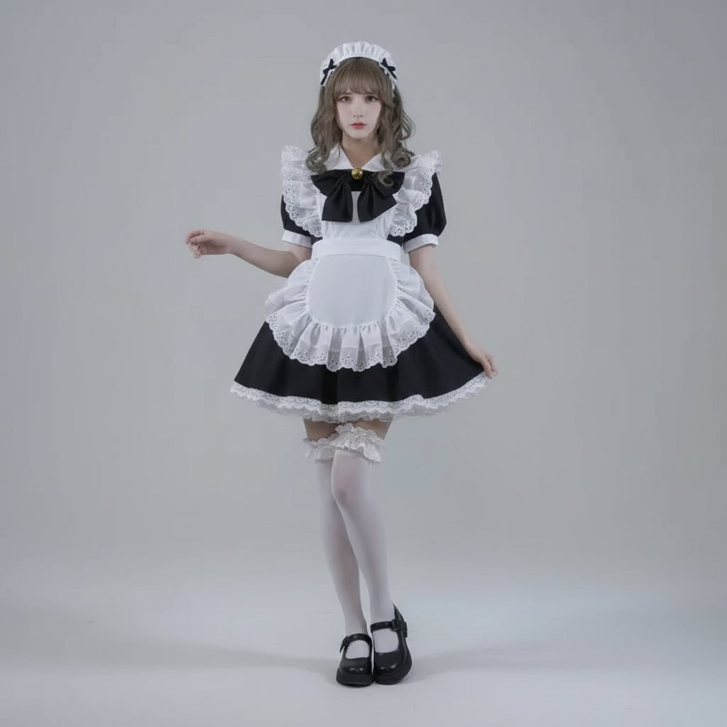 Women's Halloween French Maid Costume Dress with Apron and Puff Sleeves for Plus Size Party
