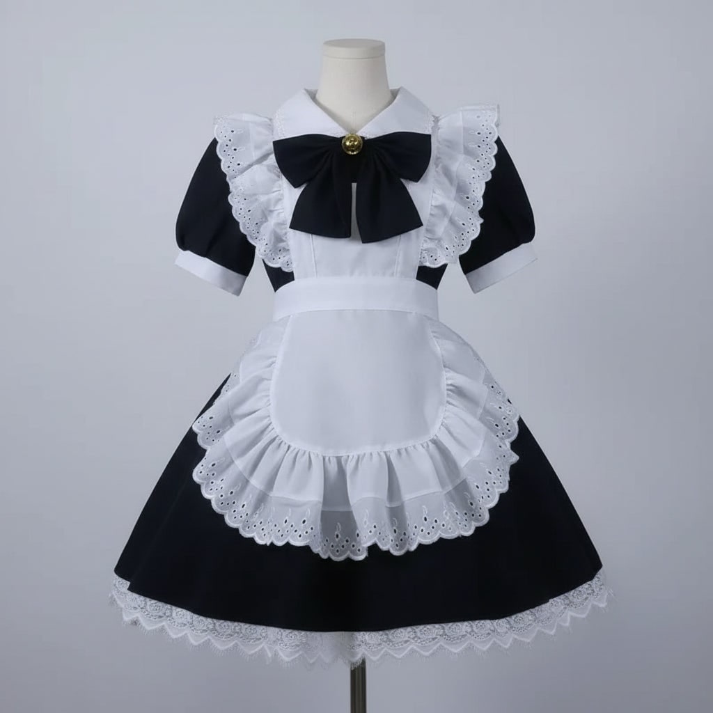 Women's Halloween French Maid Costume Dress with Apron and Puff Sleeves for Plus Size Party