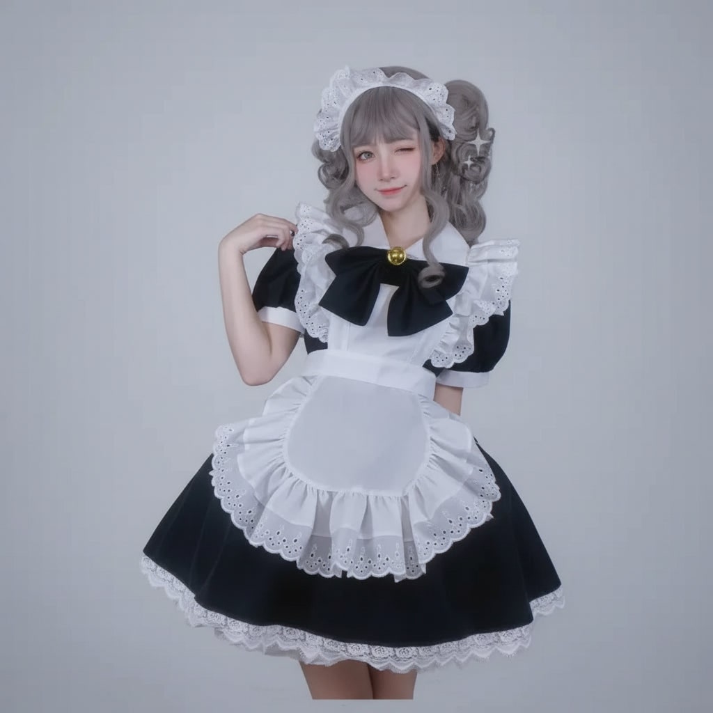 Women's Halloween French Maid Costume Dress with Apron and Puff Sleeves for Plus Size Party