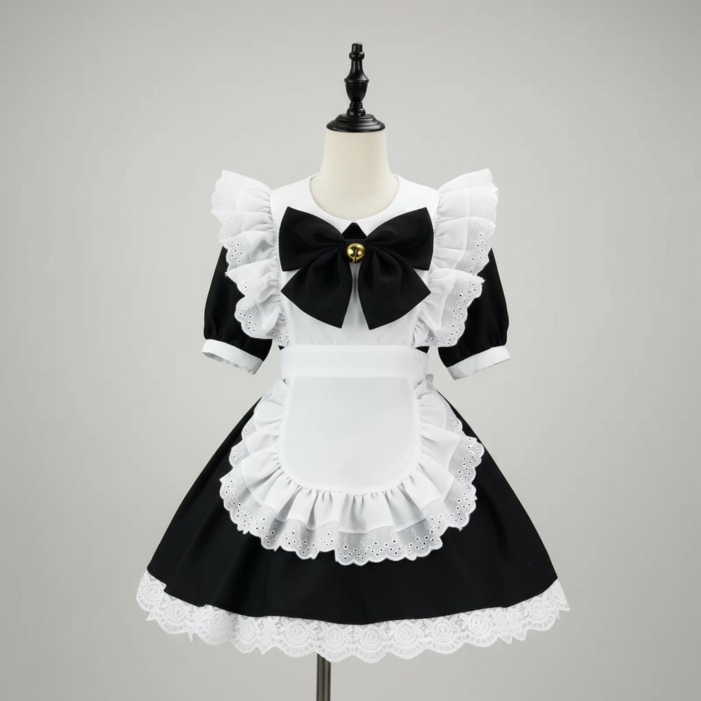Women's Halloween French Maid Costume Dress with Apron and Puff Sleeves for Plus Size Party