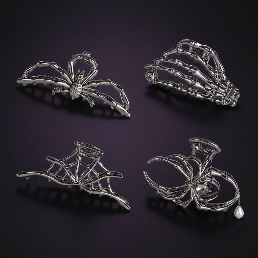 Women's Halloween Hair Claw Clips with Skeleton Hand Bat Wing and Spiderweb Metal Decorative Design
