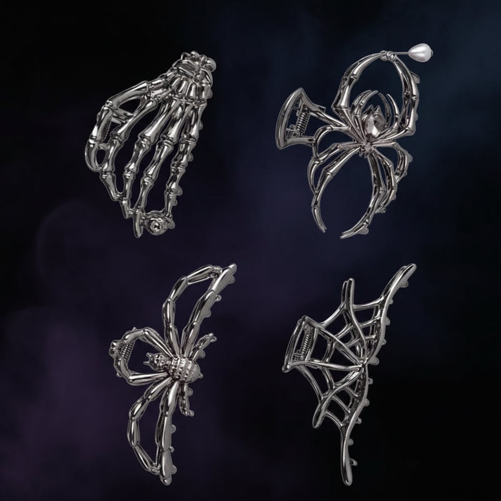 Women's Halloween Hair Claw Clips with Skeleton Hand Bat Wing and Spiderweb Metal Decorative Design