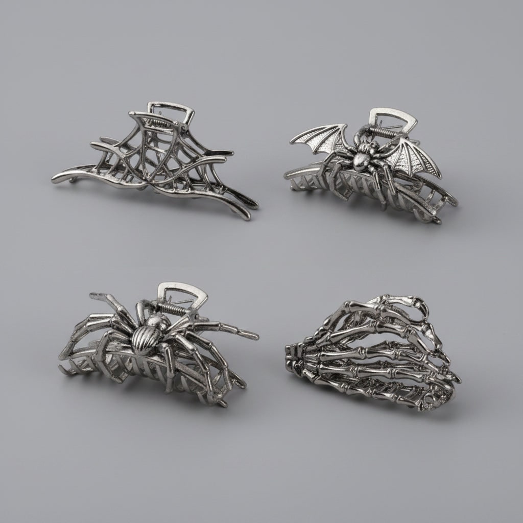 Women's Halloween Hair Claw Clips with Skeleton Hand Bat Wing and Spiderweb Metal Decorative Design