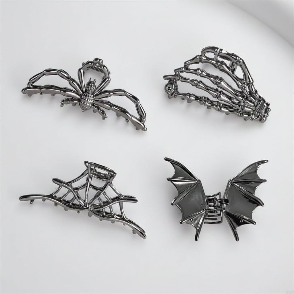 Women's Halloween Hair Claw Clips with Skeleton Hand Bat Wing and Spiderweb Metal Decorative Design