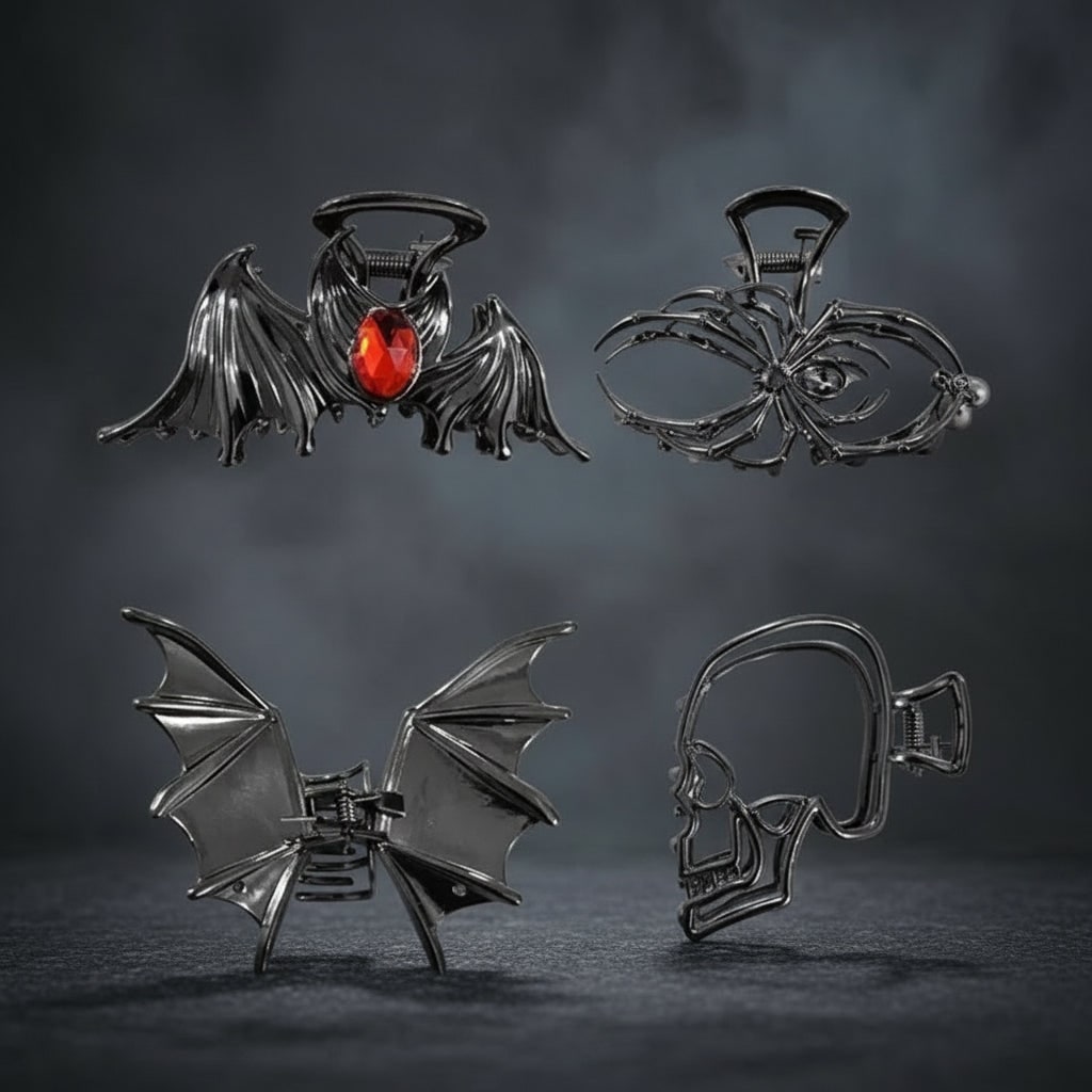 Women's Halloween Hair Claw Clips with Skeleton Hand Bat Wing and Spiderweb Metal Decorative Design