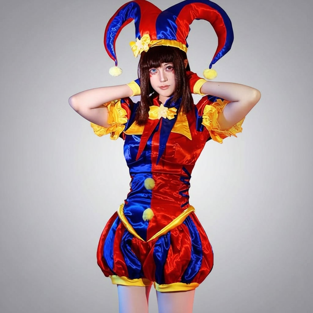 Women's Halloween Jester Costume Outfit with Hat and Gloves Medieval Renaissance Court Party