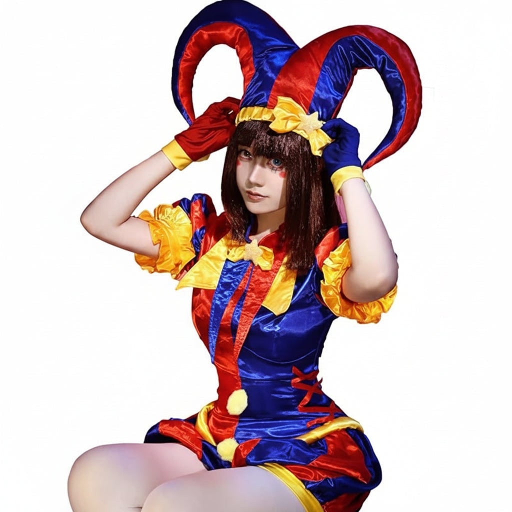 Women's Halloween Jester Costume Outfit with Hat and Gloves Medieval Renaissance Court Party