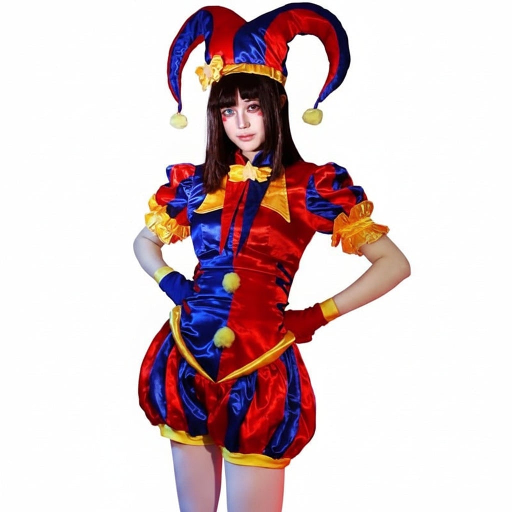 Women's Halloween Jester Costume Outfit with Hat and Gloves Medieval Renaissance Court Party