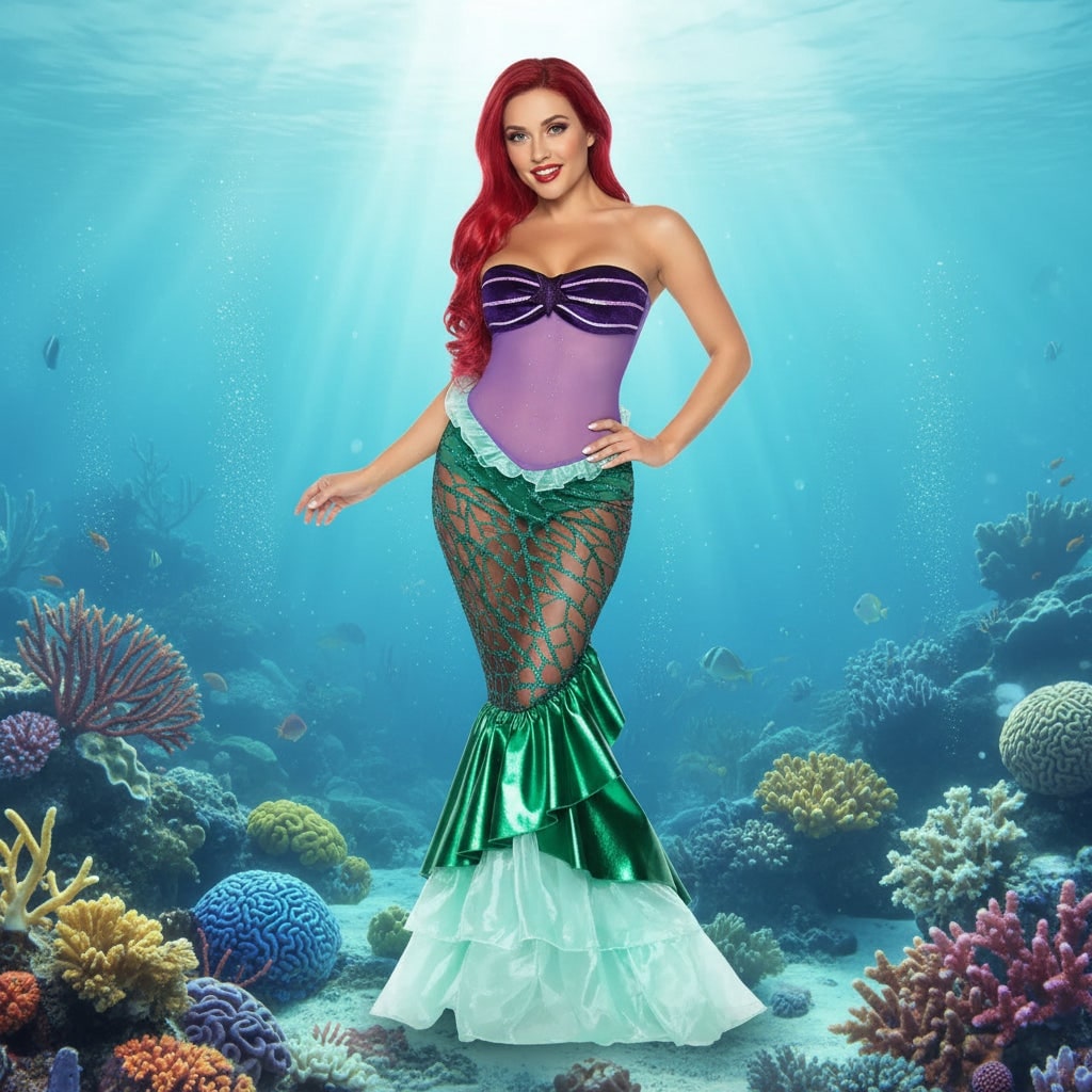 Women's Halloween Mermaid Costume Dress with Sequins Strapless Sweetheart Neckline and Lace-Up Corset Back